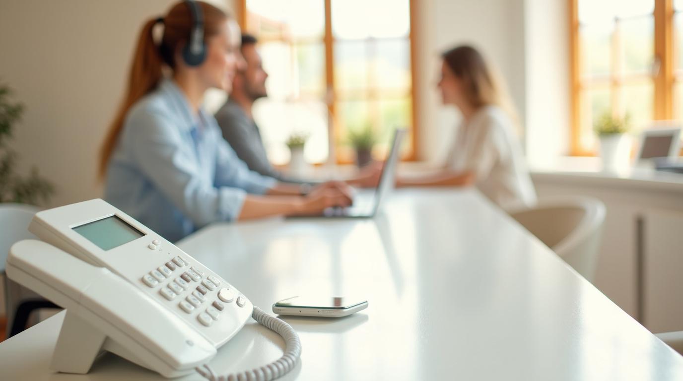 Telefono da ufficio e smartphone su una scrivania bianca, con i colleghi al lavoro sullo sfondo