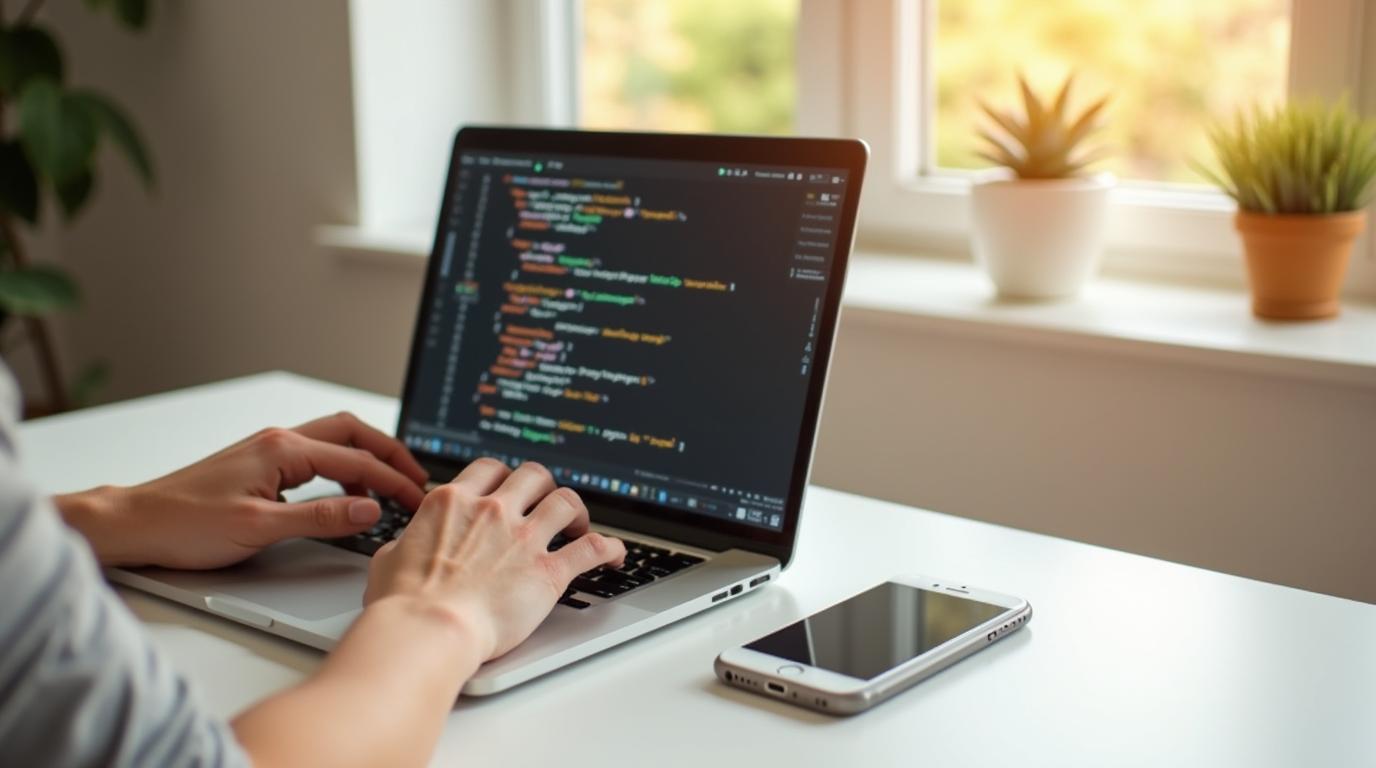 Mani che scrivono codice su un computer portatile, con uno smartphone accanto