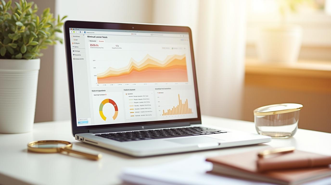 Computer portatile con grafici di visite in crescita, una lente d'ingrandimento e un'agenda