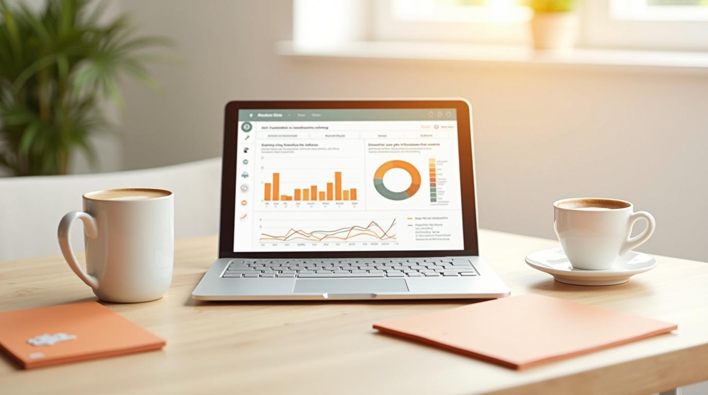 Computer portatile con i risultati delle campagne tra due tazze di caffè
